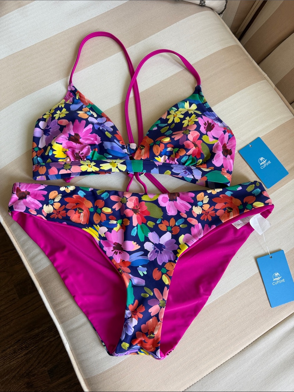 Cupshe Floral Two-Piece Bikini - Navy Multicolor with Hot Pink
